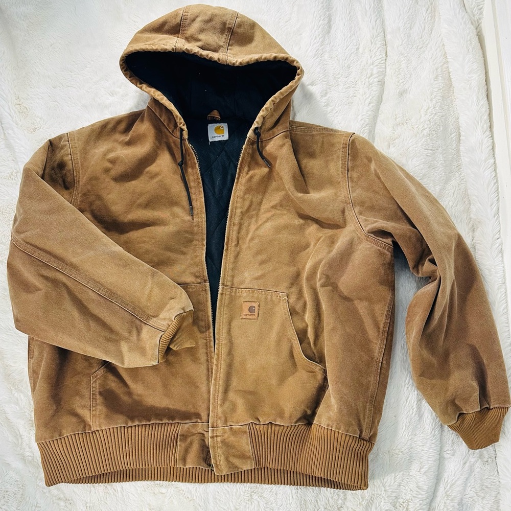 Carhartt Duck Canvas J130 Hooded and Lined Jacket Brown Tan Men's 3XL Y2K Faded